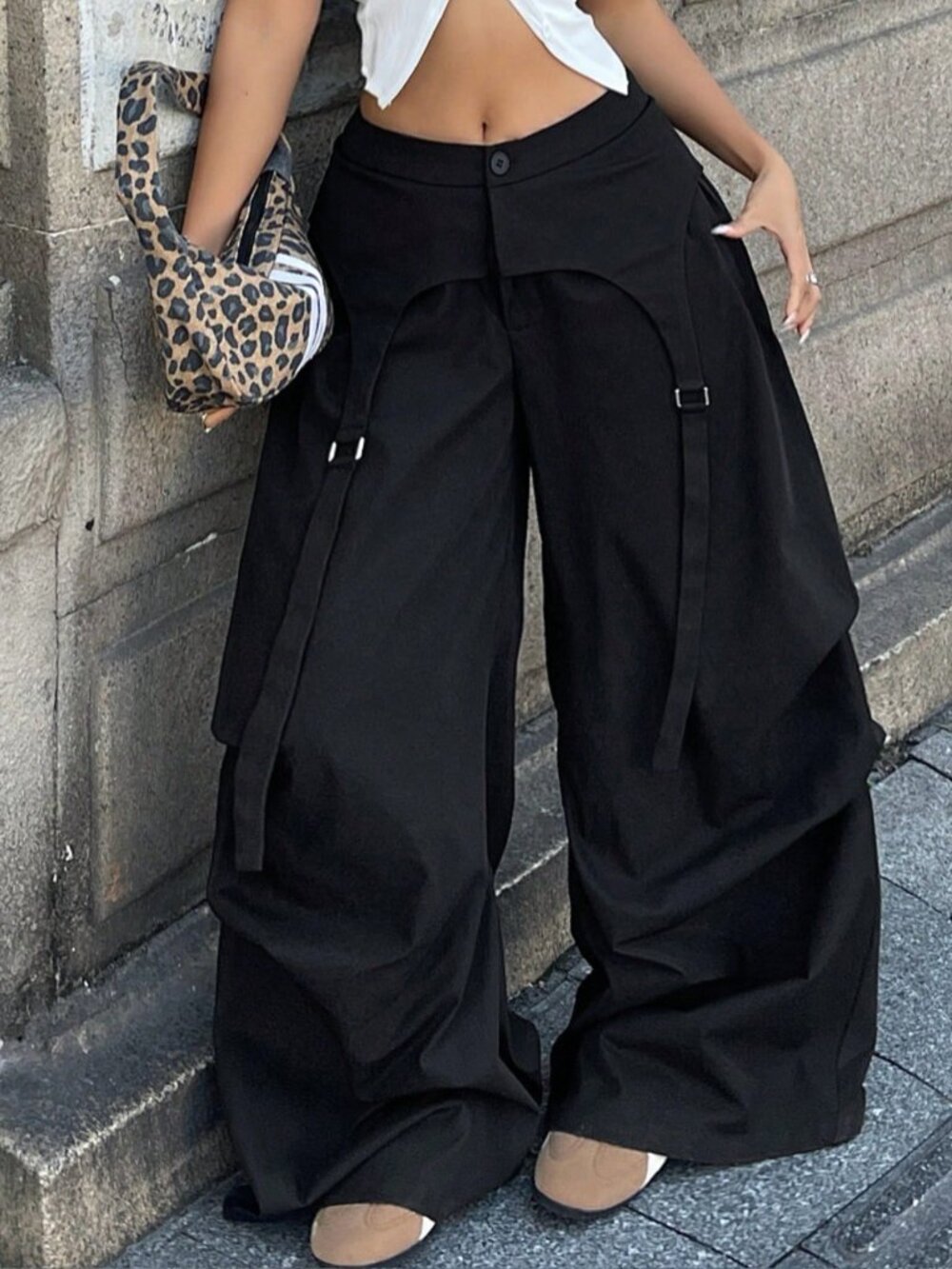 Black Casual Women's Streetwear Baggy Asymmetric Fake Two-Piece Parachute Pants